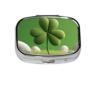 Pastillero cuadrado de metal con diseño de trébol de hojas, organizador de medicamentos de viaje, 2 compartimentos, portátil, pequeño estuche de almacenamiento