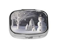 Pastillero cuadrado de metal con estampado de árbol blanco y muñecos de nieve con 2 compartimentos, organizador portátil de píldoras, bonito contenedor de pastillas para bolsillo, oficina, viajes