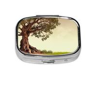 Pastillero cuadrado de metal con estampado de árbol con rama, pastillero con 2 compartimentos, portátil, mini organizador de píldoras, bonito contenedor para bolsillo, oficina, viajes