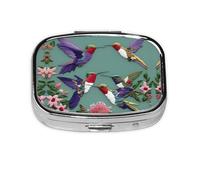 Pastillero cuadrado de metal con estampado de bordado de colibríes y flores, pastillero decorativo, lleva tus medicamentos con estilo (rectangular)