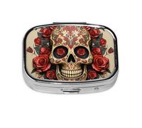 Pastillero cuadrado de metal con estampado de calavera de azúcar y rosa roja con 2 compartimentos, organizador portátil de píldoras, bonito contenedor para bolsillo, oficina, viajes