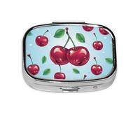 Pastillero cuadrado de metal con estampado de cerezas con 2 compartimentos, organizador portátil de píldoras, bonito contenedor de pastillas para bolsillo, oficina, viajes