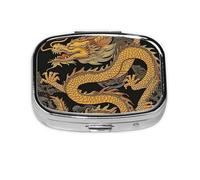 Pastillero cuadrado de metal con estampado de dragón amarillo y fondo negro con 2 compartimentos, organizador portátil de píldoras, bonito contenedor para bolsillo, oficina, viajes