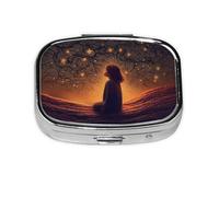 Pastillero cuadrado de metal con estampado de estrellas de niña mirando hacia arriba en la noche con 2 compartimentos, organizador portátil de píldoras, bonito contenedor de pastillas para bolsillo,