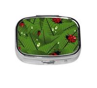Pastillero cuadrado de metal con estampado de hojas y mariquitas, pastillero decorativo, lleva tus medicamentos con estilo (rectangular)