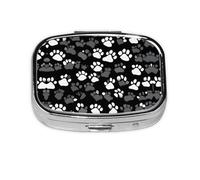 Pastillero cuadrado de metal con estampado de huellas en blanco y negro, pastillero decorativo, lleva tus medicamentos con estilo (rectangular)