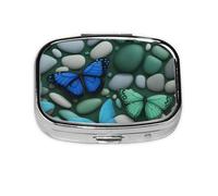 Pastillero cuadrado de metal con estampado de mariposa verde y piedra azul, pastillero decorativo, lleva tus medicamentos con estilo (rectangular)