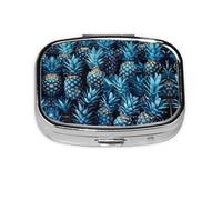 Pastillero cuadrado de metal con estampado de piña azul, pastillero decorativo, lleva tus medicamentos con estilo (rectangular)