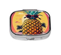 Pastillero cuadrado de metal con estampado de piña, fruta, arena, playa, metal, chapado en hierro, pastillero portátil para el hogar, viajes, bolso