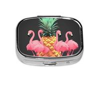 Pastillero cuadrado de metal con estampado de piña y flamencos, con 2 compartimentos, organizador portátil de píldoras, bonito contenedor para bolsillo, oficina, viajes