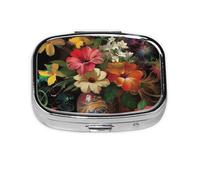 Pastillero cuadrado de metal con estampado floral de naturaleza muerta con 2 compartimentos, organizador portátil de píldoras, bonito contenedor de pastillas para bolsillo, oficina, viajes