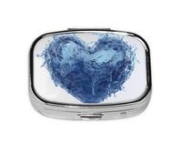 Pastillero cuadrado de metal con forma de corazón azul, organizador de medicamentos de viaje, 2 compartimentos, portátil, pequeño estuche de almacenamiento