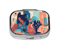 Pastillero cuadrado de metal con impresión de ilustración de estilo plano, con 2 compartimentos, organizador portátil de píldoras, bonito contenedor de pastillas para bolsillo, oficina, viajes