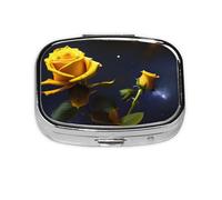 Pastillero cuadrado de noche estrellada con rosas amarillas, ligero y portátil, con 2 insertos de plástico, adecuado para llevar en bolsillos o carteras.