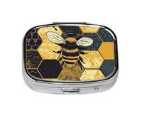Pastillero cuadrado de panal geométrico de abeja mini pastillero de metal para bolso, pequeño y lindo organizador de píldoras de medicina de 2 compartimentos, soporte portátil para medicinas diarias y