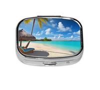 Pastillero cuadrado de playa tropical, mini pastillero de metal para bolso, pequeño y lindo organizador de píldoras de medicina de 2 compartimentos, soporte portátil para medicinas diarias y vitaminas