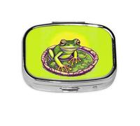 Pastillero cuadrado de rana en un estanque, ligero y portátil, con 2 insertos de plástico, adecuado para llevar en bolsillos o carteras.