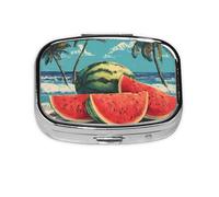 Pastillero cuadrado de sandía de verano, mini organizador de medicamentos de viaje de metal, 2 compartimentos, bolsillo portátil, pequeño estuche de almacenamiento