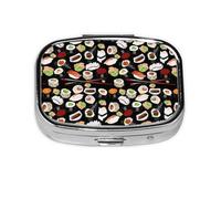 Pastillero cuadrado de sushi japonés con impresión negra, pastillero de 2 compartimentos, pastillero portátil para viajes en casa