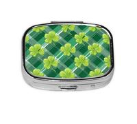 Pastillero cuadrado de trébol verde a cuadros, mini organizador de medicamentos de viaje de metal, 2 compartimentos, bolsillo portátil, pequeño estuche de almacenamiento