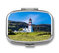Pastillero Cuadrado Faro Noruega Paisaje Pastillero Con 2 Compartimentos Con Espejo, Dispensador De Metal Portátil A De Humedad, Caja De Almacenamiento