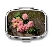Pastillero Cuadrado Flores Rosas Rosadas Pastillero Con 2 Compartimentos Con Espejo, Dispensador De Metal Portátil A De Humedad, Caja De Almacenamiento