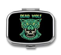 Pastillero Cuadrado Lobo Animal Cráneo Pastillero Con 2 Compartimentos Con Espejo, Dispensador De Metal Portátil A De Humedad, Caja De Almacenamiento