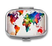 Pastillero cuadrado para bolso y bolsillo, portátil, mini colorido mapa del mundo, organizador de pastillas con 2 compartimentos, bonito pastillero de viaje para guardar vitaminas, medicamentos,