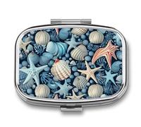 Pastillero cuadrado para bolso y bolsillo, portátil, mini concha y estrella de mar, organizador de pastillas con 2 compartimentos, bonito pastillero de viaje para guardar vitaminas, medicamentos,