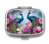 Pastillero cuadrado para bolso y bolsillo, portátil, mini hermoso pavo real y loto, organizador de pastillas con 2 compartimentos, bonito pastillero de viaje para guardar vitaminas, medicamentos,