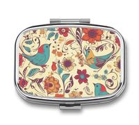 Pastillero cuadrado para bolso y bolsillo, portátil, mini organizador de píldoras de pájaros y flores con 2 compartimentos, bonito pastillero de viaje para guardar vitaminas, medicamentos, aceite de