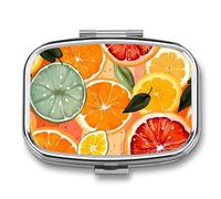Pastillero cuadrado para bolso y bolsillo, portátil, mini organizador de píldoras de pintura de cítricos con 2 compartimentos, bonito pastillero de viaje para guardar vitaminas, medicamentos, aceite