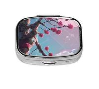 Pastillero cuadrado pequeño con flores rosadas, ligero y portátil, con 2 insertos de plástico, adecuado para llevar en bolsillos o carteras.