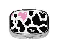 Pastillero cuadrado portátil con 2 compartimentos, para bolso, pastillero con estampado de vaca lechera, color blanco y negro