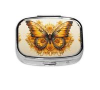 Pastillero cuadrado portátil con estampado de mariposas y girasoles con 2 compartimentos, para bolso, pastillero o bolsa de viaje