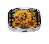 Pastillero cuadrado portátil con estampado de mariposas y girasoles con 2 compartimentos, para bolso, pastillero o bolsa de viaje