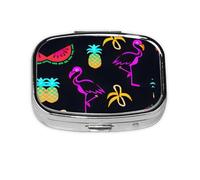 Pastillero cuadrado portátil con estampado de piña, plátano y flamenco, con 2 compartimentos, para bolso, pastillero, bolsa de viaje