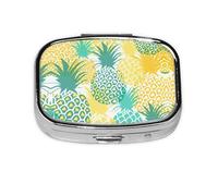 Pastillero cuadrado portátil con estampado de piña tropical con 2 compartimentos, para bolso, pastillero, bolsa de viaje