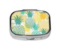 Pastillero cuadrado portátil con estampado de piña tropical con 2 compartimentos, para bolso, pastillero, bolsa de viaje