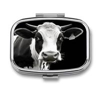 Pastillero cuadrado portátil de viaje con dos compartimentos, diseño de cabeza de vaca divertida, color blanco y negro, con compartimentos para guardar vitaminas y medicamentos de bolsillo para la of
