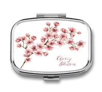 Pastillero Cuadrado Rama De Flores Rosadas Pastillero Con 2 Compartimentos Con Espejo, Dispensador De Metal Portátil A De Humedad, Caja De Almacenamiento