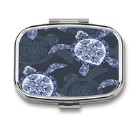 Pastillero Cuadrado Tortugas Mandalas Pastillero Con 2 Compartimentos Con Espejo, Dispensador De Metal Portátil A De Humedad, Caja De Almacenamiento