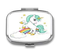 Pastillero Cuadrado Unicornio Azul Arcoiris Pastillero Con 2 Compartimentos Con Espejo, Dispensador De Metal Portátil A De Humedad, Caja De Almacenamiento