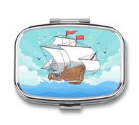 Pastillero Cuadrado Velero Navegando En El Mar Pastillero Con 2 Compartimentos Con Espejo, Dispensador De Metal Portátil A De Humedad, Caja De Almacenamiento