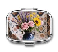 Pastillero de 2 compartimentos, bohemio, moderno, vintage, floral, de viaje, con espejo, impermeable, organizador de pastillas medicinales, 2 veces al día, contenedor portátil para bolso y bolsillo