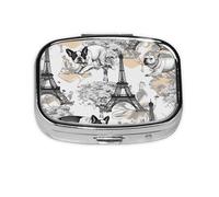 Pastillero de 2 compartimentos clásico de la torre de París con espejo, organizador de pastillas pequeño para bolso o bolsillo organizador de vitaminas