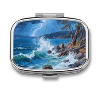 Pastillero de 2 compartimentos, color azul, Lake Tahoe, pastillero de viaje con espejo, impermeable, organizador de píldoras medicinales, 2 veces al día, contenedor portátil para bolso y bolsillo