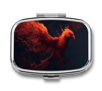 Pastillero de 2 compartimentos con diseño de ave fénix rojo en llamas, organizador de píldoras de viaje para bolso de bolsillo