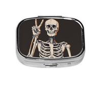 Pastillero de 2 compartimentos con diseño de calavera feliz con espejo, organizador de pastillas pequeño para bolso o bolsillo organizador de vitaminas