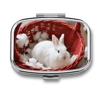 Pastillero de 2 compartimentos con diseño de conejo en canasta, pastillero de viaje con espejo, impermeable, organizador de pastillas medicinales, 2 veces al día, contenedor portátil para bolso y